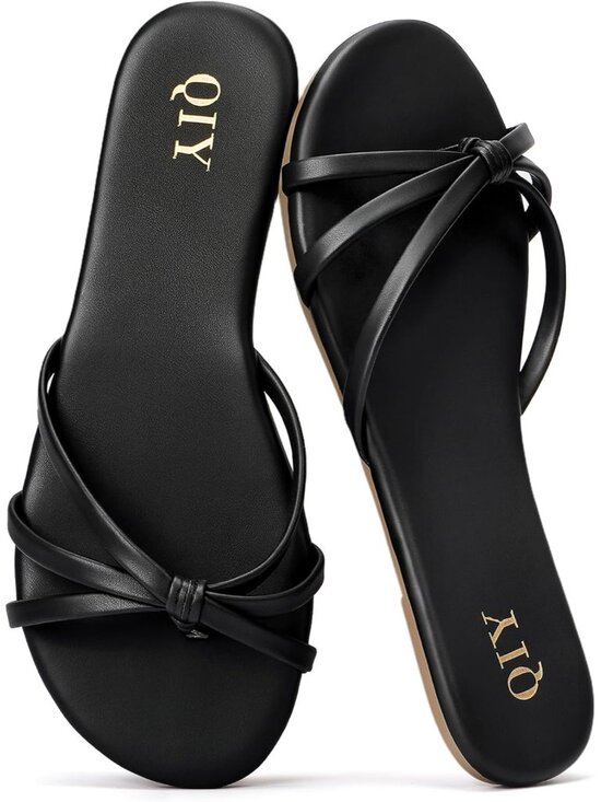 Shoes - Women's Black Comfortable Casual Flip Flops Knot Design Slip on Slide Thong Flat